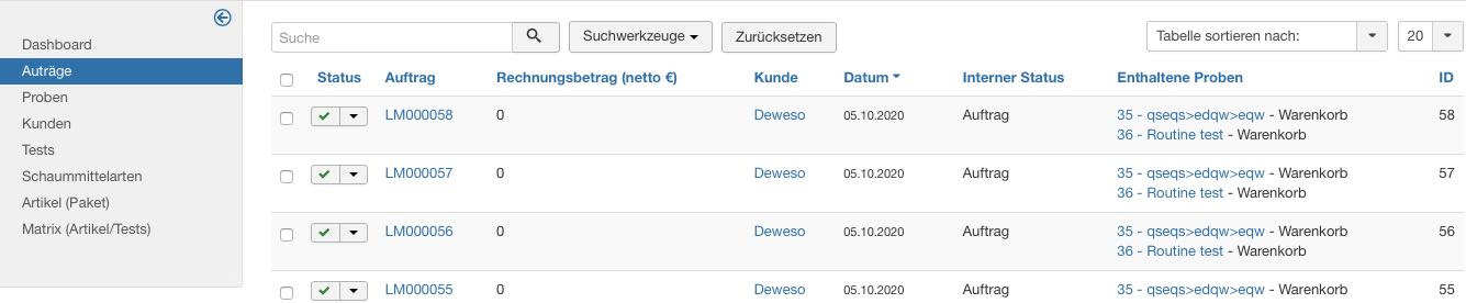 Auflistung Aufträge